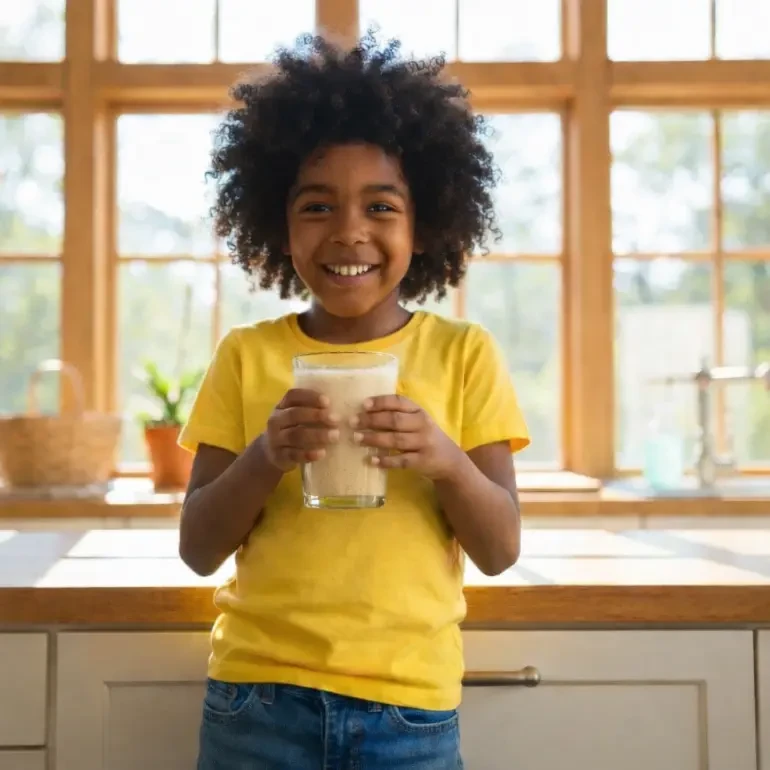 Niño feliz bebiendo un batido de KDS-10